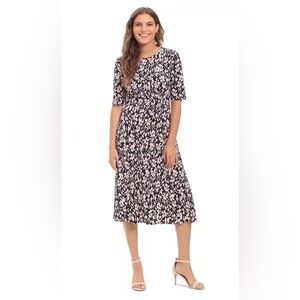 London Times Black and Pink Leaf Print Midi Dress